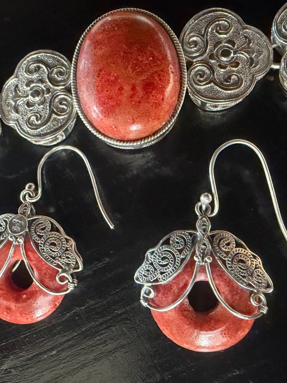 Vintage 925 Sterling Silver Red Coral Filigree Bracelet Earring Set